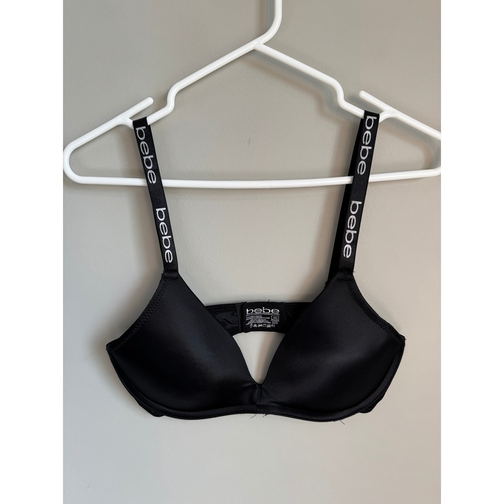 Bebe Logo Strap Push Up Bra Women 34C Black Athleisure Y2K Streetwear Trendy